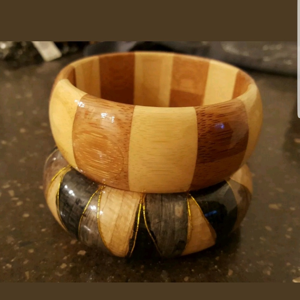 Glossy New Wooden Bangle Bracelts, Set of 2